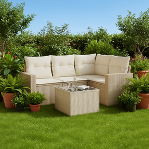 Conjunto de Sofá de Jardín Beige con Ratán PE Resistente a los Rayos UV, Cojines de Espuma de Alta Densidad, Muebles de Exterior Impermeables, Diseño Contemporáneo - Product Image 2