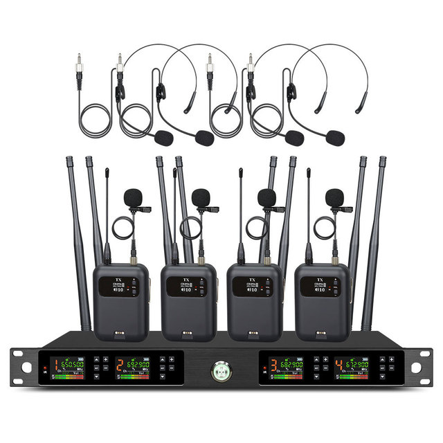 Wireless Microphone System with One Transmitter and Four Receivers Ideal for Churches, Stage Performances, and Conference Rooms