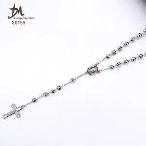 X0155 Silver Rosary Necklace Wholesale Silver Colors Zircon Religious Jewelry Rosary Beaded Necklace
