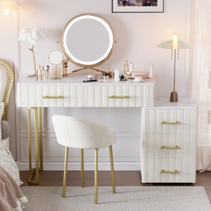 Modern Velvet Upholstered <b>Vanity</b> Desk LED <b>Lighted</b> Mirror Chair Padded Chair Dressing Table Left/Right Adjustable Storage Beige - Product Image 2