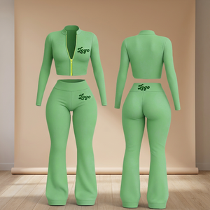Conjunto Deportivo de Invierno para Mujer, Talla Grande, Estilo Hip Hop, con Logotipo Personalizado, Chaqueta con Cierre Completo y Pantalones Acampanados de Felpa, 2 Piezas - Product Image 3