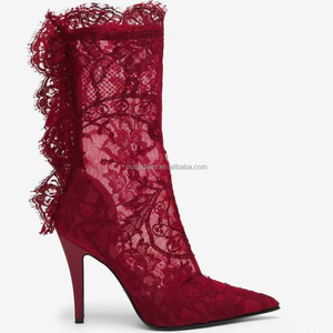 Chaussures en dentelle rouge délicates pour filles, bout pointu, talon aiguille de 105 mm, semelle en cuir haute, fermeture éclair à l'arrière, bottes en dentelle rouge - Product Image 1