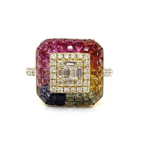 Tailor Made Engagement Rainbow Princess Gemstone 14k Solid Yellow Gold Diamond Jewelry Muti Color Sapphire Cluster Ring For Lady