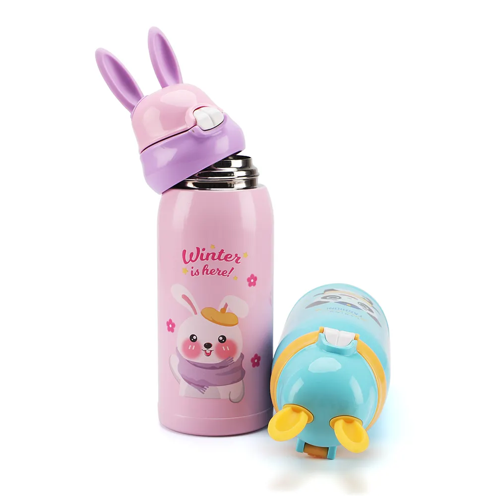 Rabbit Straw Lid 316 Stainless Steel Thermos Water Bottle for Children, BPA Free Double Walled Insulated Vacuum Thermal Flask
