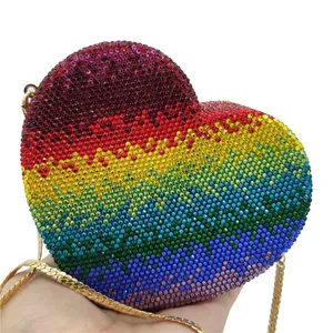 Luxury Small Rainbow Rhinestone Crystal Heart Shape Clutch Bag