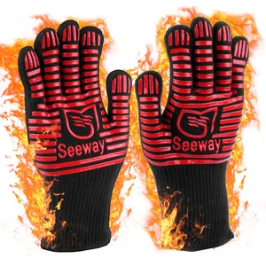 Seeway CE EN407 Certificado Silicona Recubierto Aramida Parrilla Guantes Alta temperatura Resistente al calor 1472 F Barbacoa Guantes Soporte Personalización