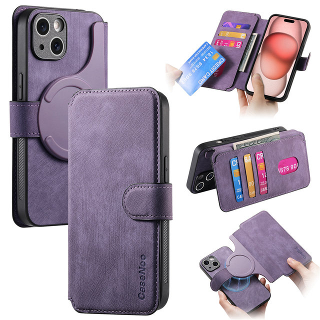 Luxury Retro Flip Cover Leather Phone Case for iPhone 17 16 15 14Pro Max with Magnetic Separation Wallet Holder Stand Rear Cover