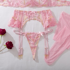 Ensemble de lingerie rose brodé de fleurs avec porte-jarretelles à nœud et <span class=keywords><strong>bas</strong></span>, lingerie sculptante sexy pour femme, style Pure Desire, cadeau romantique - Product Image 4