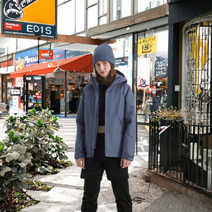 Veste en jean grise premium pour femme avec capuche, détails zippés, tissu tricoté, manches longues, style tendance, personnalisation disponible - Product Image 2