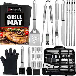 重型烧烤配件不锈钢烧烤工具套装，带刮刀、叉子、刷子和烧烤钳、储物盒