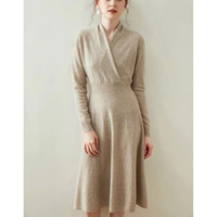 Robe en cachemire 100% pour femmes, col en V, style enveloppant, cintrée à la taille, manches longues, midi, élégante, automne-hiver, robe swing