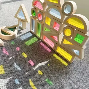 24 Buah Set Blok Bangunan Kayu untuk Anak-anak, Mainan Bangun Konstruksi Susun Pelangi
