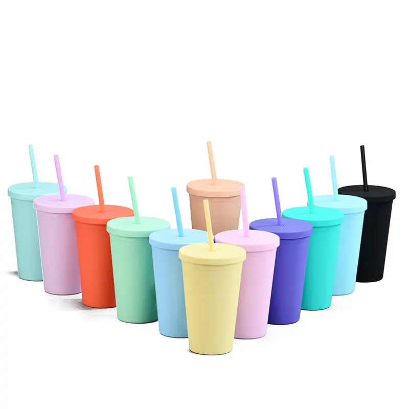 Amazon Hot Sale Herbruikbare Custom Print Beschikbaar Plastic Koffie Cup Koud En Warm Water Cup Met Deksel En Stro Populair