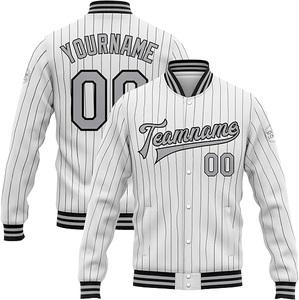 Custom Pinstripe Varsity <b>Jacket</b> <b>Men's</b> <b>Baseball</b> Style White Black Striped Button Front Name Number Team Logo Autumn Casual Wear - Product Image 2