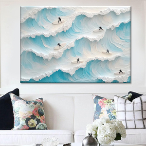 <span class=keywords><strong>Peinture</strong></span> murale texturée sur toile « Happy Coast » pour décoration d'hôtel, vente en gros 2026, personnalisable, thème natation et <span class=keywords><strong>surf</strong></span> - Product Image 1