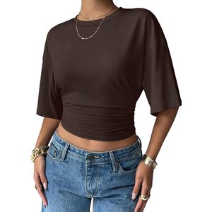 FOXA Crop Top Short Sleeve Ruched Waist Slim Fit O Neck Summer Casual Women's Basic Tee Fashion T Shirt - Product Image 1