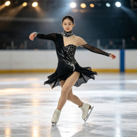 Robe de patinage artistique noire avec strass et maille, manches longues, pour enfants et adultes, idéale pour les compétitions et spectacles sur glace