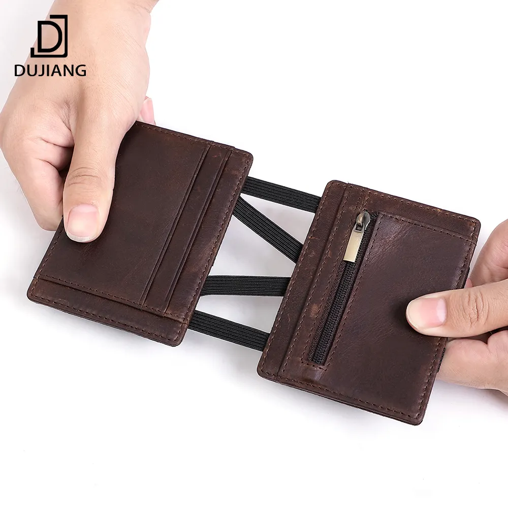 DUJIANG Genuine Leather Cowhide Id Card Holder Magic Wallet Leather Card Holders For Men With Zipper Coin Pocket Purse