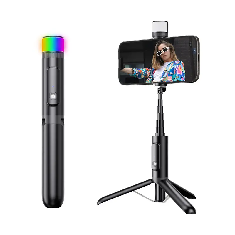 Modelo privado M08S Blue tooth selfie stick RGB luz magnética integrada trípode de aleación de aluminio teléfono móvil selfie stick