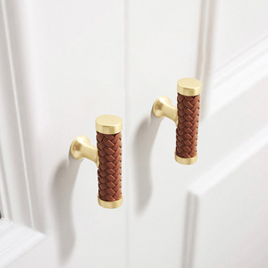 Leather Cabinet Door Handles Zinc Alloy Gold Finish Bar Shape Contemporary Design For Kitchen Wardrobe Drawer Furniture - Product Image 4
