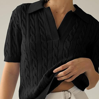 Jersey de punto de algodón con cuello en V y solapa sólida cómoda para mujer, jerséis informales de manga corta, Tops, ropa suave de diseño clásico