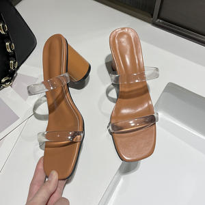 Moda Cool Dragging mujer 2024 verano nuevo estilo tacón grueso punta abierta Cabeza Cuadrada una fuente zapatillas de tacón alto grande - Product Image 6