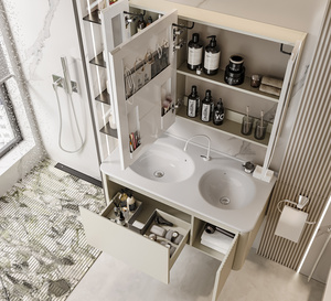 <span class=keywords><strong>Meuble</strong></span>-lavabo haut de gamme en bois massif multicouche de style italien avec porte cannelée, miroir LED intelligent et armoire murale intégrée - Product Image 5