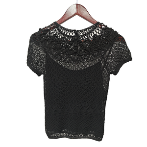 Suéter de Mujer Negro de Ganchillo con Manga Corta, Escote Hueco en la Espalda, Estilo Casual, Transpirable, Antiencogimiento y Antiarrugas - Product Image 1