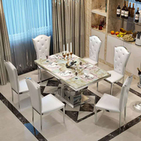 Ensemble de table à manger moderne de luxe en acier inoxydable et marbre pour 6 personnes avec chaises, plateau rectangulaire lisse