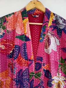 Floral Print Cotton Kantha Kimono Wrap <b>Jacket</b> V-Neck Full Sleeve Hand Embroidered Reversible Waterproof Quick Dry <b>Summer</b> <b>Women's</b> - Product Image 2
