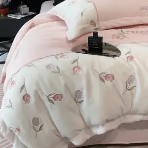 Class A girls winter milk fleece bed four-piece double-sided plus fleece thickened warm coral fleece high-end bed cover