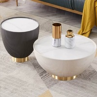 Table basse moderne de 18 pouces en pierre frittée, design tambour en cuir, réglable, avec panneau MDF, pour salon, bureau à domicile, hôtel