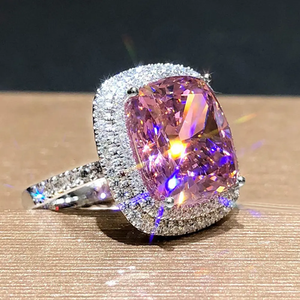 Nieuwe Stijl Europese En Amerikaanse Vierkante Micro-Ingelegde Roze Diamanten Ring Elegante Simulatie Zirkoon Ring