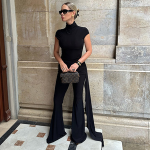 Combinaison en satin pour femmes, col haut, avec détail plissé, taille haute, tenue de soirée FDC1231 - Product Image 4