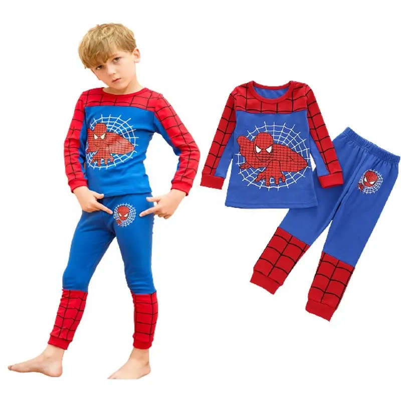 Wholesale Kids Cartoon Super Hero Spider Man Cotton Pajamas Boys Long Sleeve Sleepwear