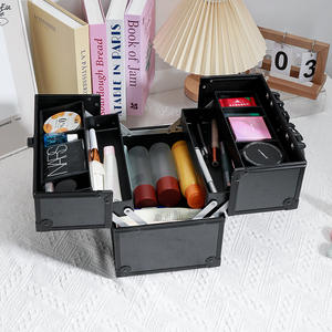 Caja organizadora de maquillaje profesional de aleación de aluminio con almacenamiento de tres capas para herramientas de belleza cosmética, uso doméstico, negro y plateado - Product Image 5