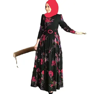 时尚最新穆斯林女性Abaya伊斯兰服装印花长裙新款套头修身连衣裙底多色短裙