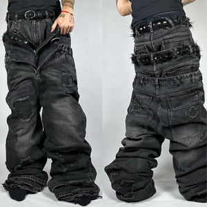 MZN erkek yüksek kaliteli tasarımcı kot lüks sıkıntı taş yıkama ağır Baggy Flare pantolon Streetwear tarzı siyah - Product Image 2