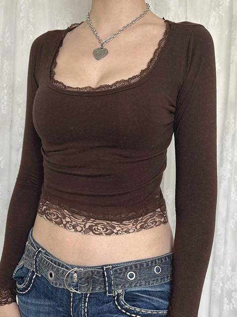 Trendy Women's Long Sleeve Crop Top Slim Fit U Neck Lace Detail T-Shirt Y2K Fashion