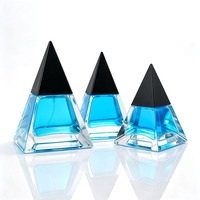 Botol Parfum Kaca Bentuk Segitiga Kosong Transparan dengan Pompa Semprot 30ml 50ml 100ml, Tutup Hitam, Sablon, Warna Kustom
