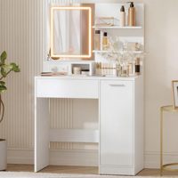 Coiffeuse moderne avec éclairage LED, prise de courant, miroir de vanité, étagères réglables, 1 tiroir et 2 étagères ouvertes, en MDF blanc