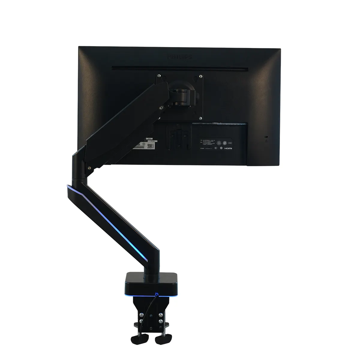 Soporte de montaje en escritorio con brazo de monitor único con iluminación RGB, soporte de aluminio USB y tipo C para monitor de ordenador portátil de alta resistencia