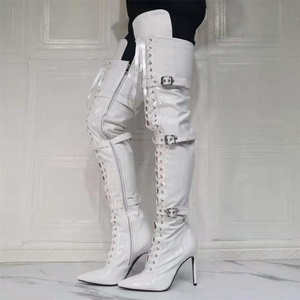 Bottes longues à boucles de style punk pour femmes, grande taille EU 47, bottes à lacets au-dessus du genou, bottes à talons hauts pour femmes aux pieds larges - Product Image 6