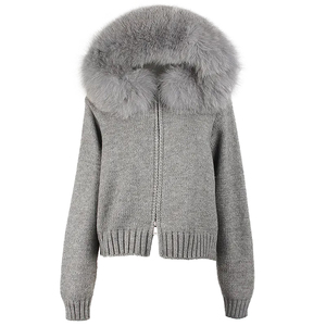 Wholesale <strong>Ladies</strong> Breathable Dyed Knitted Coat <strong>Hooded</strong> Zipper Autumn Removable Fuzzy Real Fox Fur Collar Wool Knit <strong>Cardigan</strong> - Product Image 1