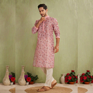 <b>Men's</b> Pink Embossed Cotton Traditional Regular Fit Ankle-Length <b>Kurta</b> for Casual Party Wear India Pakistan Style Breathable - Product Image 1