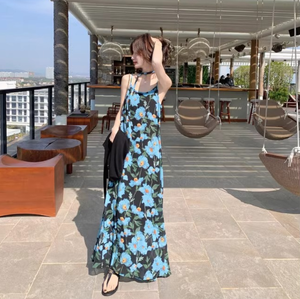 Abito da donna blu floreale con spalline sottili per vacanze al mare, cardigan <span class=keywords><strong>in</strong></span> <span class=keywords><strong>maglia</strong></span> primaverile ed estivo, elegante <span class=keywords><strong>vestito</strong></span> da spiaggia <span class=keywords><strong>in</strong></span> chiffon - Product Image 6