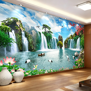 Papel Tapiz 3D Personalizado, Paisaje de Cielo Azul con Cascada, Grullas Blancas, Pinos y Flores de <span class=keywords><strong>Ciruelo</strong></span>, Estilo Chino, Mural para Talleres y Dormitorios - Product Image 4