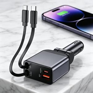 fast retractable car charger <b>type</b> <b>c</b> car charger fast charge pd 2 retractable 4 in 1 cables and usb port car charger <b>adapter</b> - Product Image 1