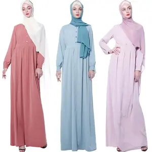 Neue Frauen Front knopf Design eine Lin feste Rüschen muslimische Abaya islamische Kleidung Abend Eleganz Kleider