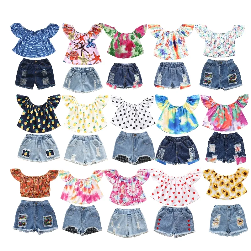 Toddler Kids Girls Summer Outfits Off Shoulder T-shirt Ripped Denim Shorts Sets